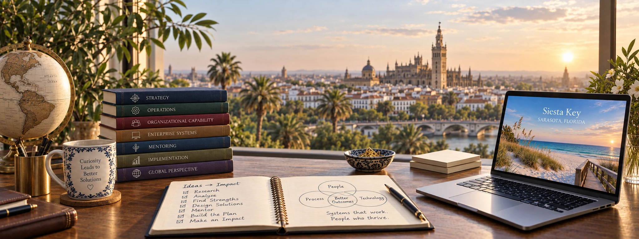Conceptual workspace with a globe, advisory books, planning notebook, and views of Seville and Siesta Key